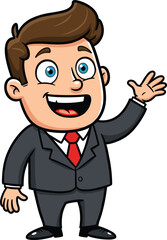 Friendly Cartoon Businessman Waving Hand Welcome, or Presentation in a Professional and Approachable Manner, Ideal for Business, Communication, and Educational Content.