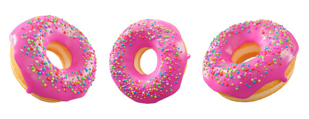 Donuts with pink fruit glaze, sprinkles, white drizzle, and dots isolated on white transparent background. 3d rendering and illustration of dessert variety