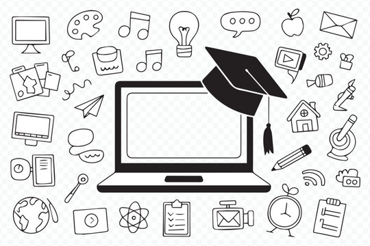 black and white vector illustration of online education icons with laptop and cap