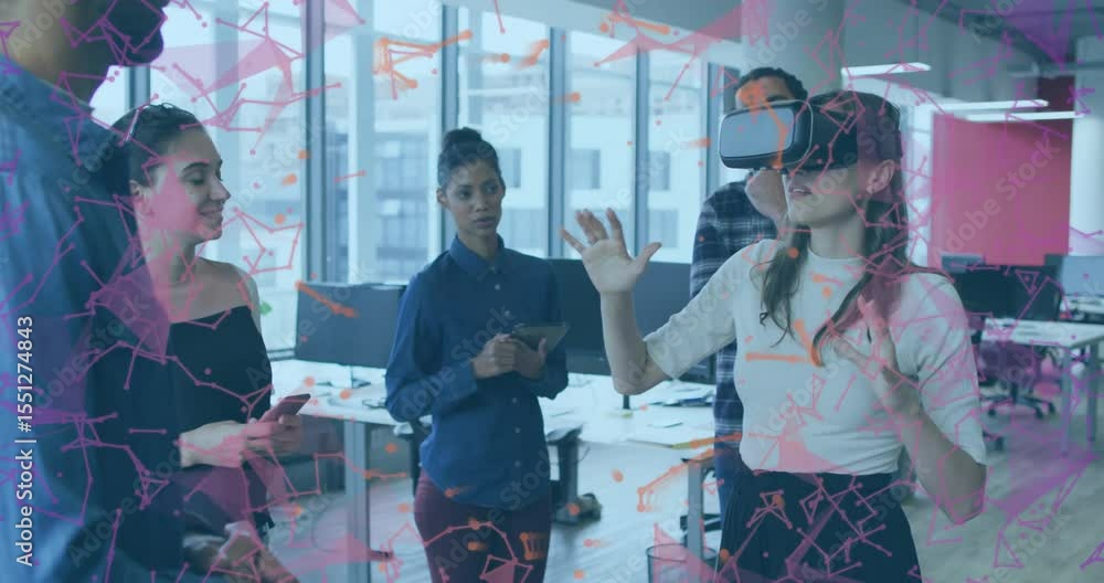 Poster securing vr headset in office and activating network ui with team tracking gestures for training