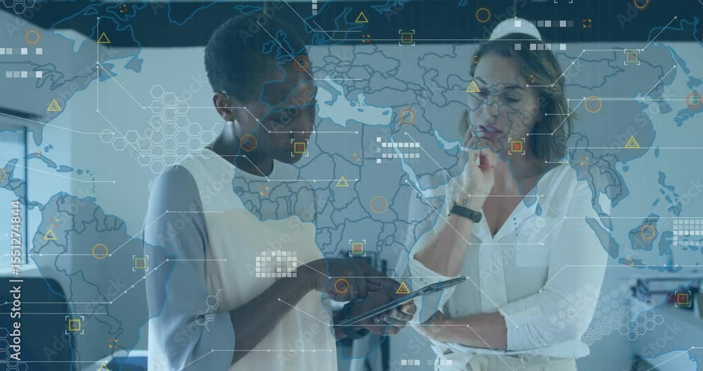Poster two business analysts tapping and pointing tablet, displaying data icons on world map for analysis
