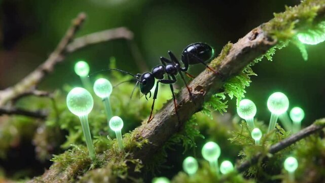 A black ant on a branch surrounded by glowing green mushrooms mossy ground hd video , 4k video , mp4