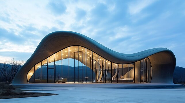 Modern, flowing concrete building at twilight