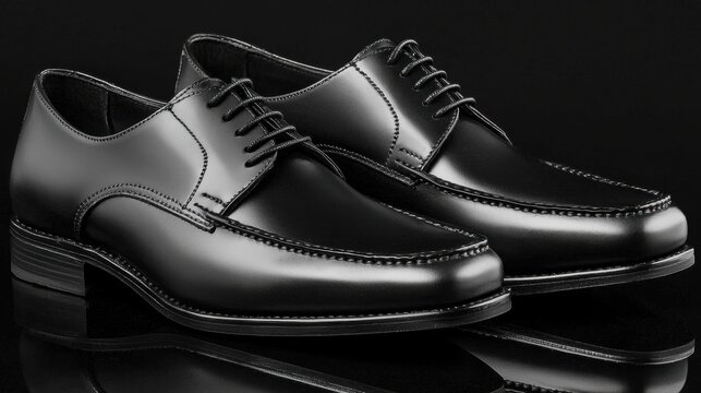 Elegant black leather dress shoes on display against a dark background highlighting their polished finish and design features