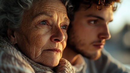 A poignant moment between an elderly woman and a young man, showcasing their bond, wisdom, and the depth of human connection across generations in serene surroundings.