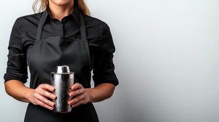 A bartender in a black shirt and apron holds a sleek cocktail shaker, ready to mix delicious drinks in an elegant and professional atmosphere.