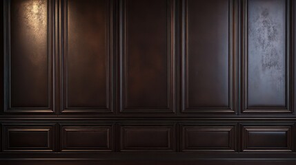 A dark brown wooden wall paneling with rectangular patterns and subtle lighting variations across surface