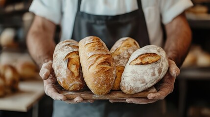 A skilled baker presents a wooden platter stacked with crusty, artisanal bread loaves, highlighting the craftsmanship and dedication involved in traditional baking.