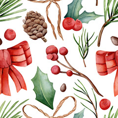 Seamless watercolor pattern. Winter theme. Satin red bow, cones, fir branches, red berries on a branch, nuts, holly leaves isolated on white background. Design for printing on fabric.