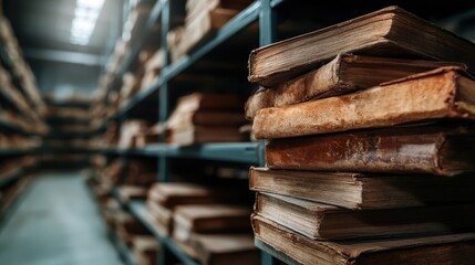A collection of old, weathered books stacked on wooden shelves in a dimly lit library, creating an atmosphere of nostalgia and knowledge waiting to be discovered.