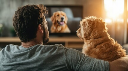 Fototapeta na wymiar A serene scene of a man enjoying quality time with his furry companion while watching television, reflecting the deep bond shared between pets and their owners in a cozy home setting.