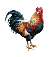 Detailed illustration of a majestic rooster with colorful plumage, isolated on a white background