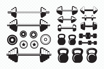 vector illustration of gym equipment icons including barbells, dumbbells, kettlebells and weight plates for fitness art