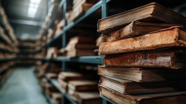A collection of old, weathered books stacked on wooden shelves in a dimly lit library, creating an atmosphere of nostalgia and knowledge waiting to be discovered.