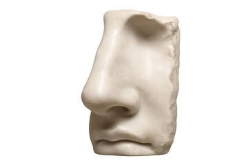 Weathered marble fragment revealing classical roman sculptural details, close-up nose and mouth profile against transparent backdrop