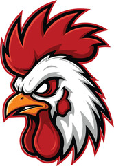 Fierce rooster mascot head, red comb illustration, bold poultry emblem, sharp beak design, white feather graphic, farm animal vector, aggressive barnyard icon