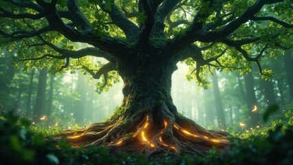 A majestic, ancient tree with glowing golden roots radiating light, standing firmly in a lush green forest with mystical sun rays filtering through the canopy. Concept of life and mystical nature