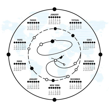 World Map Circular Calendar Design Featuring January and December Months in Paris New York Totcual and Coks Cities Black and White Minimalist Style