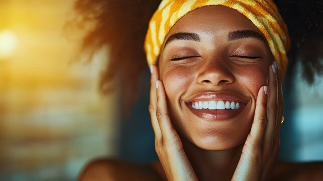 A delighted woman embracing her skin care routine, radiating joy and confidence with her bright smile, showcasing the importance of self-care and positivity in daily life.