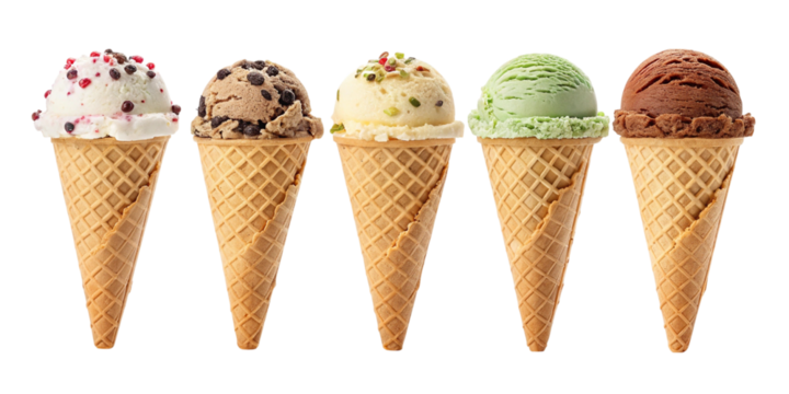 Five assorted ice cream cones isolated on transparent background