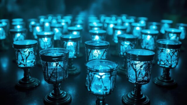 A multitude of glowing blue glasses with intricate patterns, each holding a luminous substance, arranged on a dark, reflective surface, creating an ethereal and futuristic 