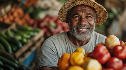 A smiling farmer holding a bountiful collection of colorful fruits and vegetables, representing hard work and connection to the land, promoting sustainability and healthy eating choices.