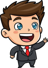 Cartoon businessman waving, friendly office character smiling male figure, corporate greeting graphic, welcoming employee icon, vector avatar design, modern workplace mascot