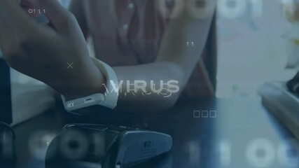 Woman tapping smartphone at terminal while pulsing virus warning overlay for finance security scan - Powered by Adobe