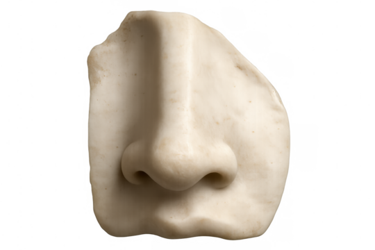 Weathered marble nose fragment from classical sculpture, revealing intricate carving details and timeless artistic craftsmanship against transparent backdrop - Powered by Adobe