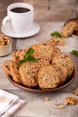 Delicious homemade butter cookies with walnuts, chocolate drops and cinnamon.