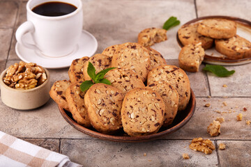 Delicious homemade butter cookies with walnuts, chocolate drops and cinnamon.