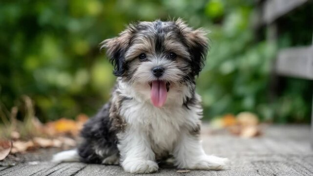 Playful Puppy in Nature: A cute and happy puppy with a fluffy coat sits patiently with its tongue out, basking in the warmth of a gentle day.