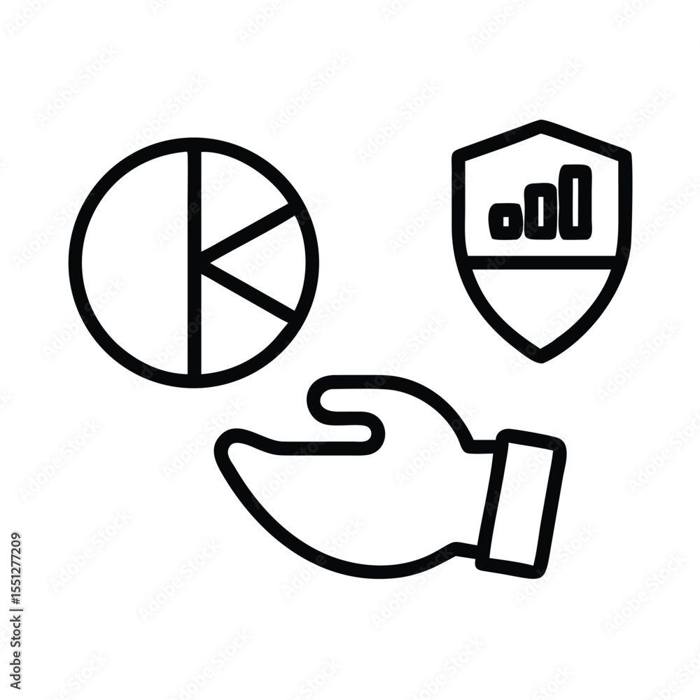Aufkleber data security analysis and protection with hand pie chart and shield for business growth concept des