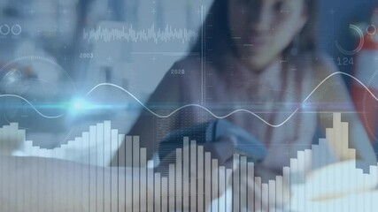 Customer tapping smartwatch near card reader, waveforms pulsing, chart updating confirming payment - Powered by Adobe