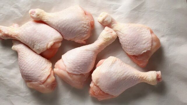 Freshly Prepared Chicken Legs: A top-down shot showcases an appetizing pile of raw chicken legs. Their uncooked state hints at culinary possibilities.