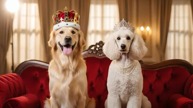 Royal dogs portrait: Golden Retriever and Poodle in crowns pose regally on red velvet sofa. Use for pet product ads, humor, dog-themed social media content, luxury brands, and comedic relief.