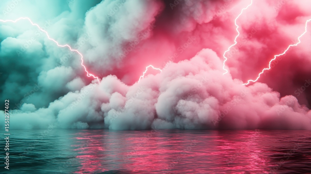 Poster a surreal and dramatic display of pink and turquoise clouds illuminated by bright lightning strikes 