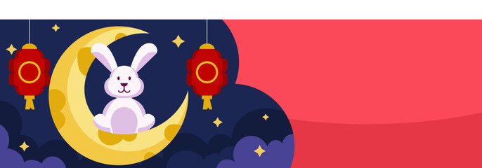 Fototapeta premium Adorable Bunny on Crescent Moon Mid-Autumn Festival Illustration