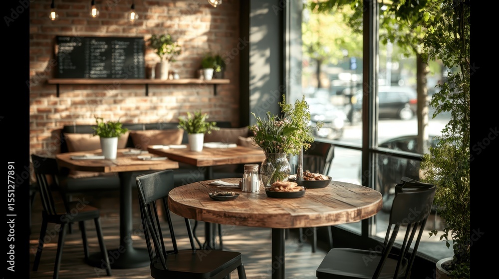 Poster this inviting image depicts a charming cafe with rustic wooden tables, ample natural light filtering