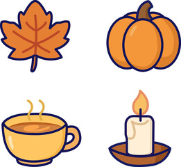 Flat icon set of autumn essentials including maple leaf, pumpkin, candle, and mug. Cozy seasonal theme with warm color tones.