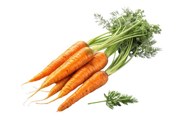 A bunch of fresh carrots with green tops lying on a black surface in a studio setting close up view