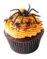 Halloween cupcake with orange frosting topped with black plastic spider decorations and chocolate sprinkles, creating spooky and festive treat for holiday