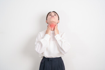business Woman checking Thyroid gland disease. Hand holding Neck pain and Sore Throat....