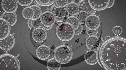 After clock face appearing small stopwatches emerging from edges and rotating for time-lapse effect