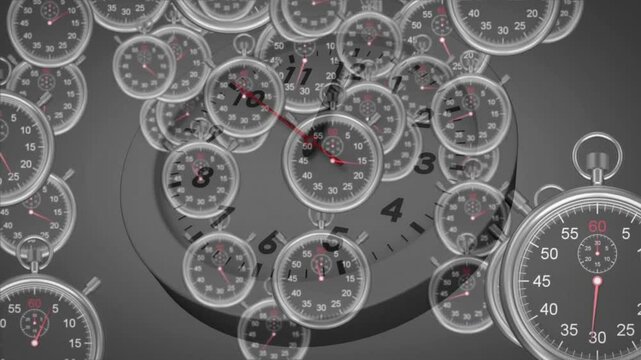 After clock face appearing small stopwatches emerging from edges and rotating for time-lapse effect