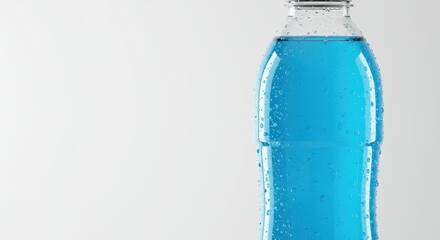 Refreshing cold blue drink bottle covered in condensation against a clean white backdrop, close-up studio shot.