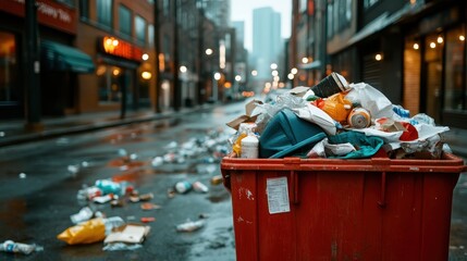 Obraz premium A striking depiction of a trash-filled urban street, conveying themes of environmental neglect and societal issues while urging reflection on waste management and urban life.