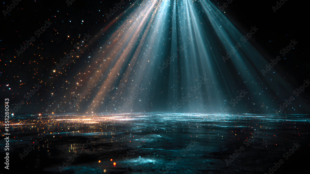 Poster rays of light stream down onto a dark stage with shimmering particles, creating a magical spotlight 