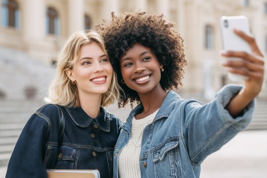 Two female students taking a selfie while walking on a university campus, smiling and having fun together.