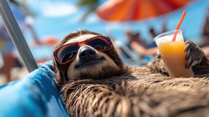 A laid-back sloth wearing sunglasses lounges on a beach chair while sipping a drink, embodying the essence of relaxation and carefree days under the sun in a vibrant beach setting.
